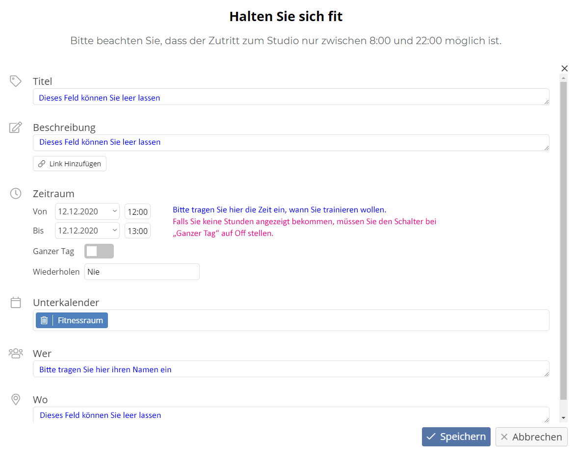 Kalender Eintrag erstellen - Fitnessclub Flums